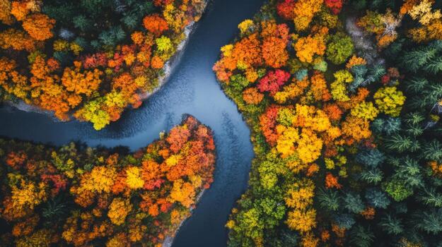 Aerial View of a Winding River Through Autumn Forest photo