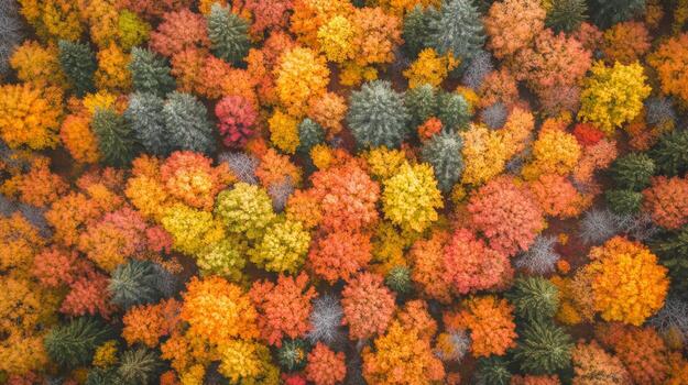 Aerial View of a Forest in Vibrant Autumn Colors photo
