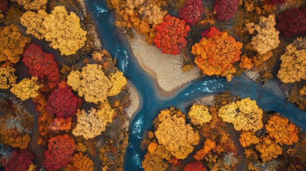 Aerial View of a River Flowing Through Autumn Foliage photo