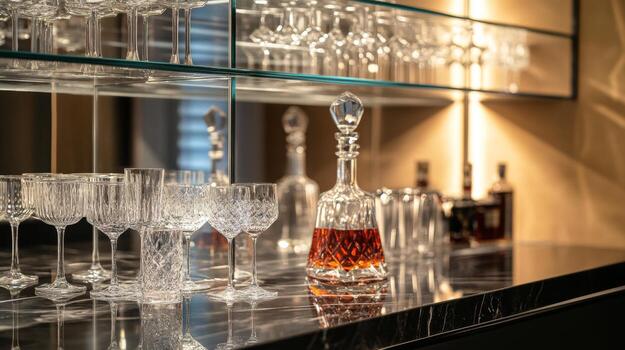 Glassware and Decanter on a Marble Countertop photo