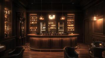 Luxurious Bar with Wooden Paneling and Glass Bottles Displayed on Shelves photo