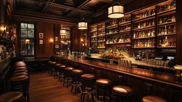 Luxurious Bar Interior with Wooden Bar Stools and Shelving Displaying Liquor Bottles photo