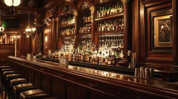 A Luxurious Bar with a Wooden Counter, Bottles, and Stools photo