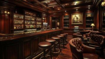 Luxurious Bar Interior with Dark Wood and Leather Furniture photo