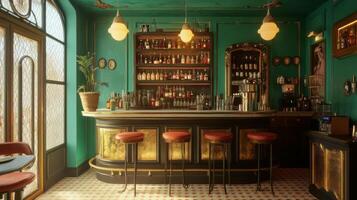Green-walled bar with ornate gold trim and a variety of liquor bottles on shelves photo