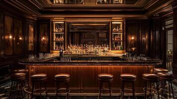 Elegant Bar Interior with Wooden Stools and Bottles on Display photo