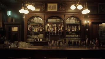 A dimly lit, old-fashioned bar with a wooden counter, glass shelves, and hanging lights photo