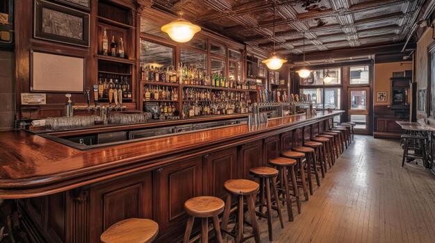 Empty Bar with Wooden Stools and a Tiled Ceiling photo