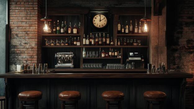 un clásico de madera bar mostrador con taburetes y un reloj foto