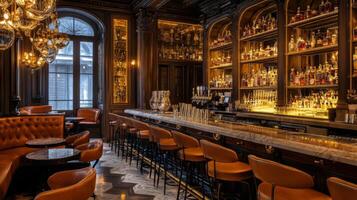 Elegant Bar Interior with Leather Seating and Extensive Liquor Collection photo