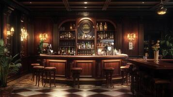 A Luxurious Bar Interior with Dark Wood and Ornate Details photo