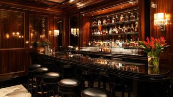 Luxurious Bar with Black Marble Countertop and Leather Stools photo