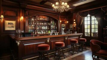 An Elegant Wooden Bar with Red Velvet Stools and an Ornate Chandelier photo