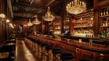 Ornate Bar Interior with Chandeliers, Dark Wood, and Brass Accents photo