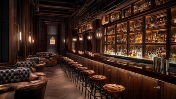Luxury Bar Interior with Leather Seating and Liquor Display photo
