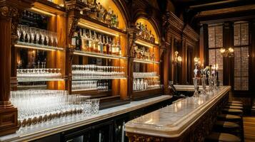 Ornate Bar Interior with Glassware and Liquor Bottles photo