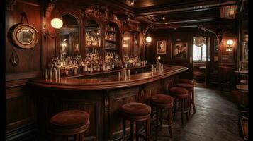 A vintage wooden bar counter with ornate details, bottles, and bar stools in a dimly lit room photo