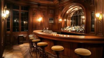 Elegant Wooden Bar with Stools and Bottles in a Luxurious Interior photo