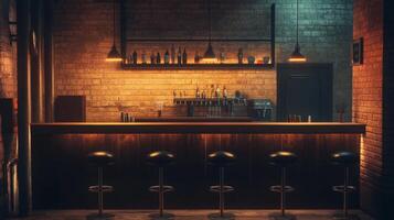 Empty Bar Counter with Hanging Lights and Brick Walls photo