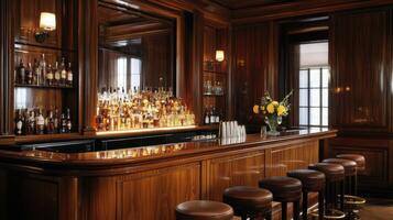 A Polished Wooden Bar with Stools and Liquor Bottles Displayed photo