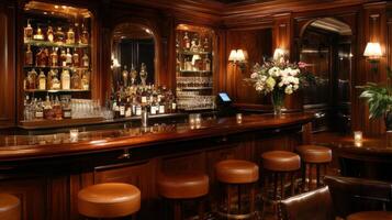 A Luxurious Bar Interior with Leather Stools, Wood Paneling, and a Display of Alcohol Bottles photo