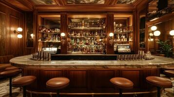 Luxurious Bar Interior with Marble Countertop and Leather Stools photo