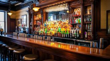 A Well-Stocked Bar with Wooden Accents and Leather Bar Stools photo