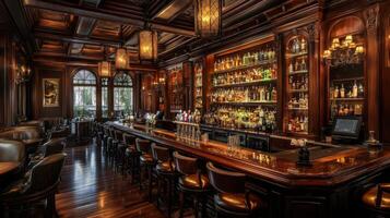 An Elegant Bar with a Polished Wooden Countertop and Leather Stools photo