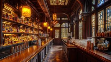 An Elegant Bar Interior with a Wooden Counter, Stained Glass Windows, and a Shelf of Liquor Bottles photo
