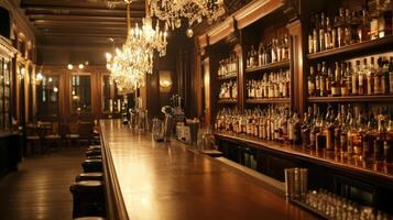 A Polished Wooden Bar Counter in a Dimly Lit Pub photo