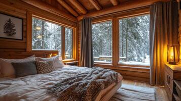 Cozy Cabin Bedroom with Snow-Covered Forest View photo