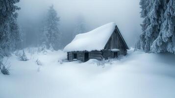 A Snow-Covered Cabin in a Foggy Winter Forest photo
