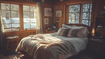 Cozy Bedroom with a Snowy View and a Warm Blanket photo