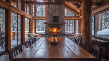 Cozy Log Cabin Interior with a Stone Fireplace and a View of a Snowy Forest photo