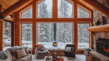 Cozy Cabin Interior with Snow Covered Forest View and Fireplace photo