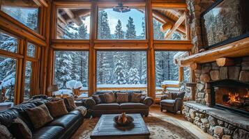 Cozy Log Cabin Living Room with Winter Forest View photo