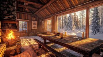 Cozy Cabin Interior with Fireplace and Snowy Forest View photo