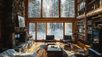 Cozy Cabin Living Room with Snow-Covered Forest View photo
