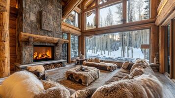 Cozy Log Cabin Living Room with Fireplace and Winter View photo