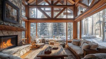Cozy Cabin Interior with Fireplace and Snowy Forest View photo