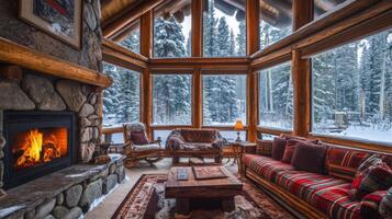 Cozy Cabin Interior with Fireplace and Snowy Forest View photo