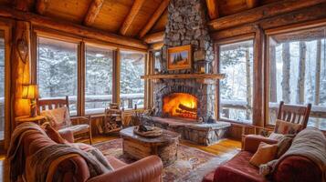 Cozy Log Cabin Interior with a Stone Fireplace and Winter Views photo