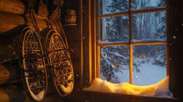 Snow-Covered Window and Hanging Wooden Snowshoes in a Cabin photo
