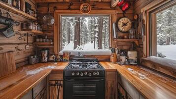 Rustic Cabin Kitchen with Snowy Forest View photo