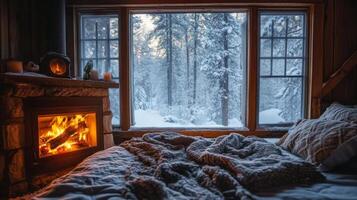 Cozy Cabin Interior with Fireplace and Snowy Window View photo