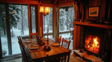 A Cozy Cabin Interior with a Winter View, a Fire, and a Set Table photo