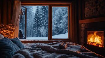 Cozy Cabin Interior with a View of a Snowy Forest photo