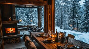 Cozy Cabin Interior with Fireplace and Snowy Forest View photo