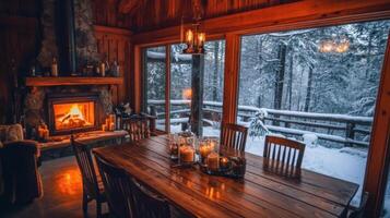 Cozy Cabin Interior with Fireplace and Snowy View photo