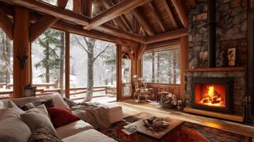 Cozy Cabin Interior with a View of a Snowy Forest photo